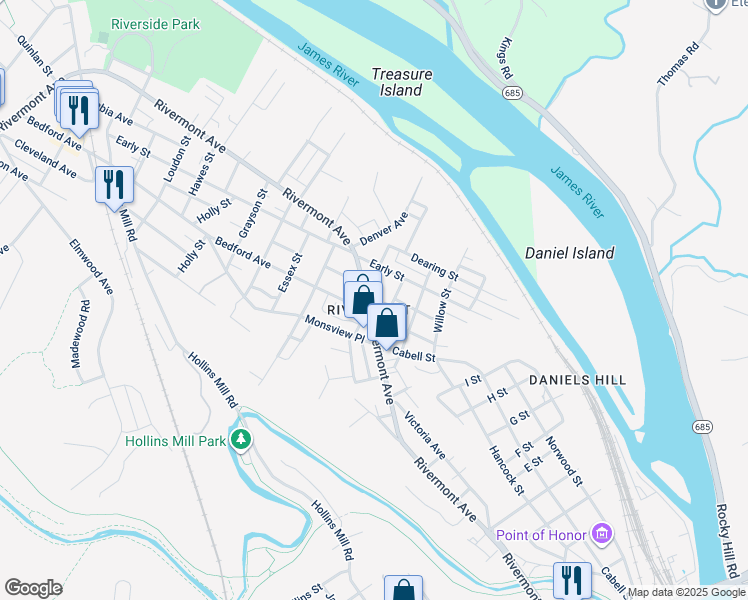 map of restaurants, bars, coffee shops, grocery stores, and more near in Lynchburg