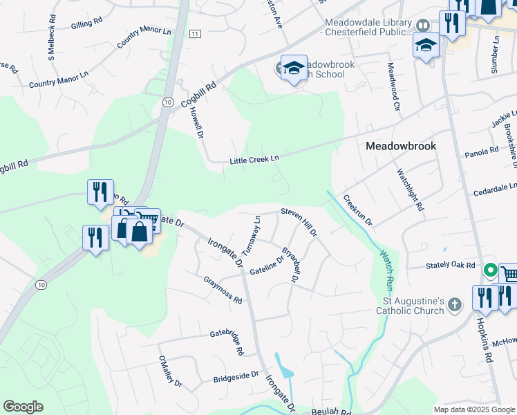 map of restaurants, bars, coffee shops, grocery stores, and more near 5218 Steven Hill Drive in Richmond