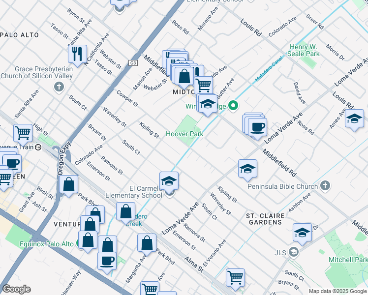 map of restaurants, bars, coffee shops, grocery stores, and more near 2920 Cowper Street in Palo Alto