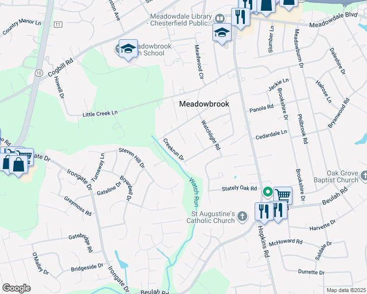 map of restaurants, bars, coffee shops, grocery stores, and more near 6526 Watchrun Court in Richmond