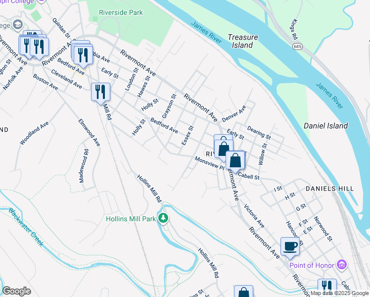 map of restaurants, bars, coffee shops, grocery stores, and more near 520 Essex Street in Lynchburg