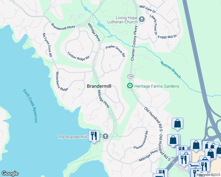 map of restaurants, bars, coffee shops, grocery stores, and more near 4442 Old Fox Trail in Midlothian