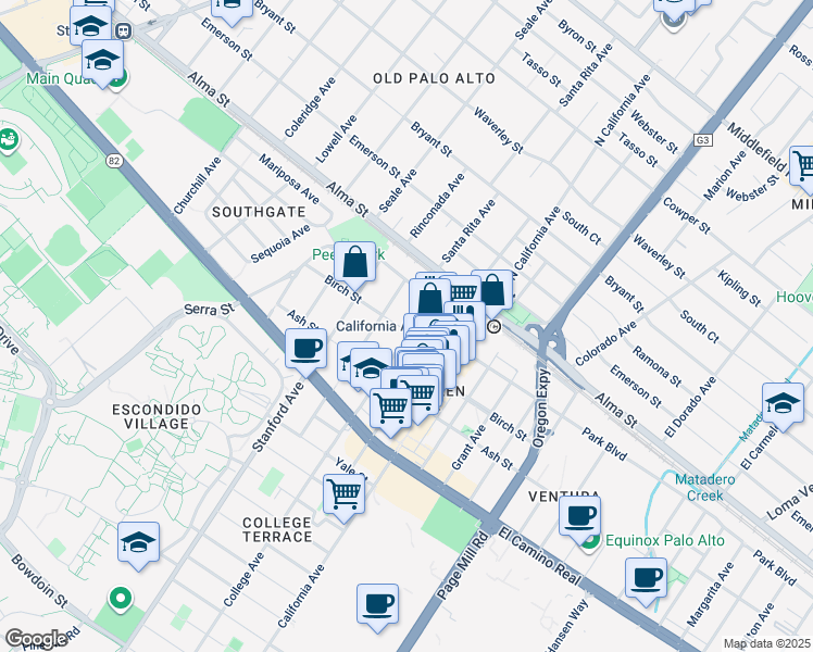 map of restaurants, bars, coffee shops, grocery stores, and more near 280 College Avenue in Mountain View