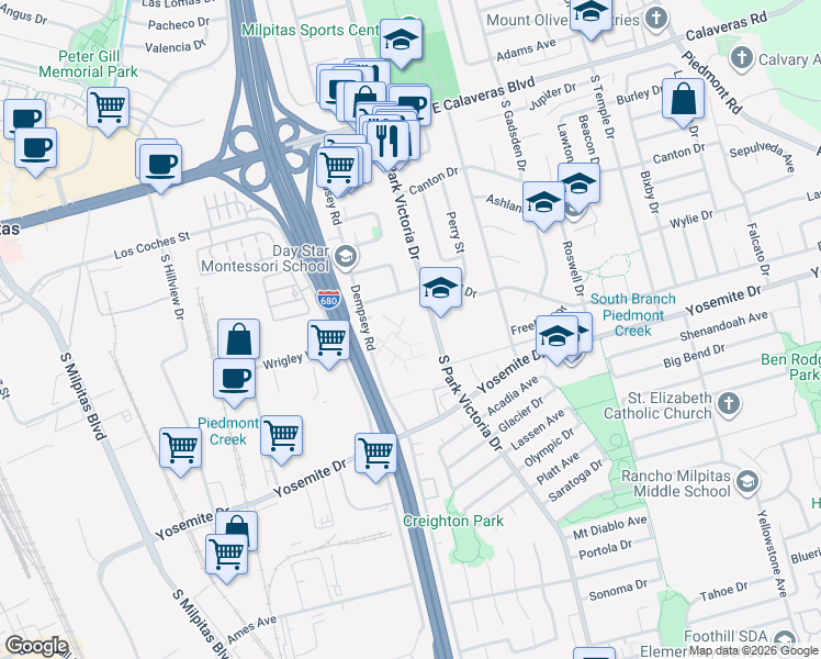 map of restaurants, bars, coffee shops, grocery stores, and more near 409 South Park Victoria Drive in Milpitas