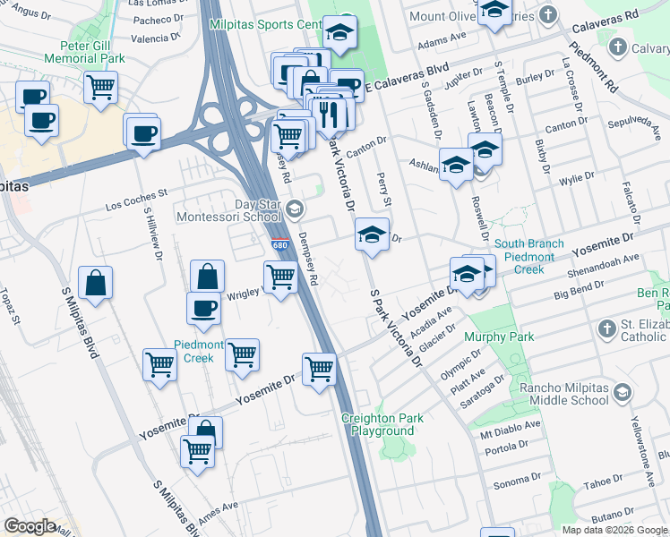 map of restaurants, bars, coffee shops, grocery stores, and more near 468 Dempsey Road in Milpitas
