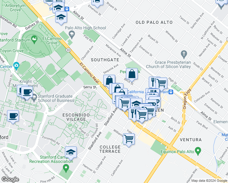 map of restaurants, bars, coffee shops, grocery stores, and more near 390 Leland Avenue in Palo Alto