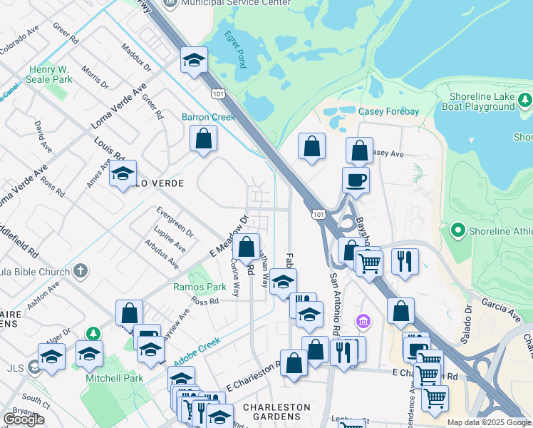 map of restaurants, bars, coffee shops, grocery stores, and more near 3727 Heron Way in Palo Alto