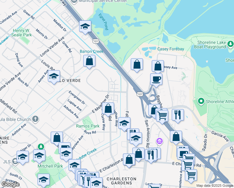 map of restaurants, bars, coffee shops, grocery stores, and more near 3727 Heron Way in Palo Alto