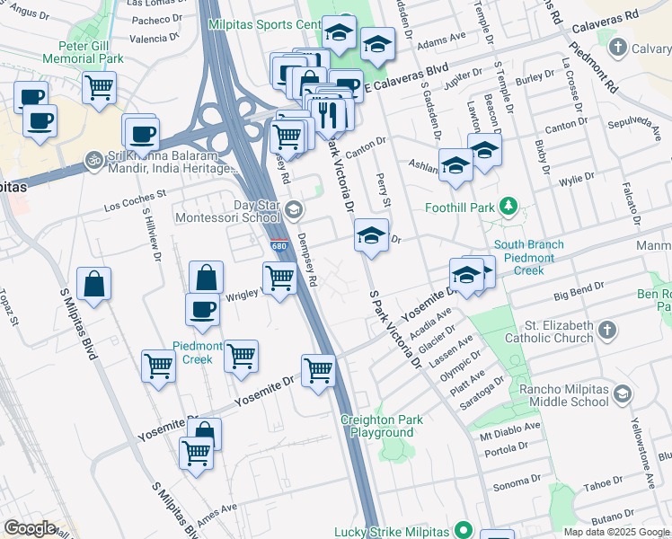 map of restaurants, bars, coffee shops, grocery stores, and more near 460 Dempsey Road in Milpitas