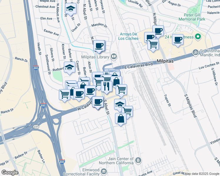 map of restaurants, bars, coffee shops, grocery stores, and more near 118 South Abel Street in Milpitas