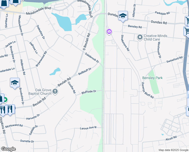 map of restaurants, bars, coffee shops, grocery stores, and more near 3501 Bellbluff Drive in Richmond