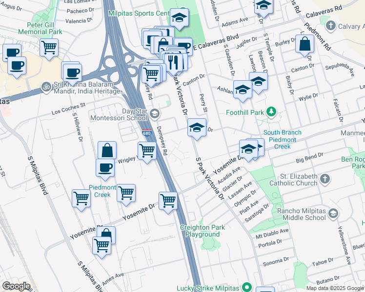 map of restaurants, bars, coffee shops, grocery stores, and more near 484 Dempsey Road in Milpitas