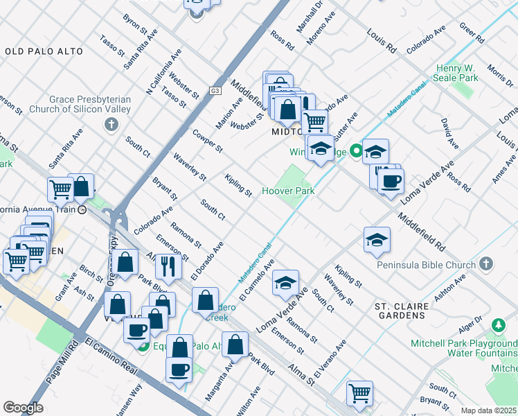map of restaurants, bars, coffee shops, grocery stores, and more near 2822 Kipling Street in Palo Alto