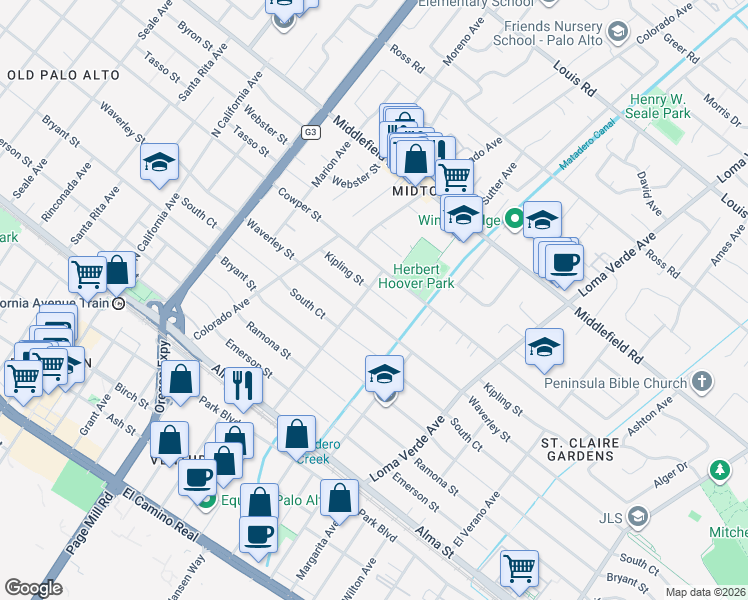 map of restaurants, bars, coffee shops, grocery stores, and more near 2822 Kipling Street in Palo Alto