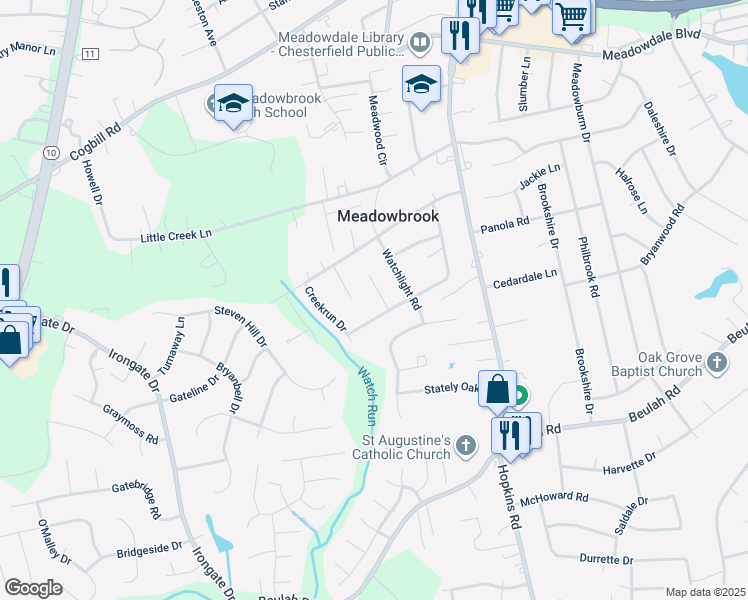 map of restaurants, bars, coffee shops, grocery stores, and more near 6530 Watchspring Court in Richmond