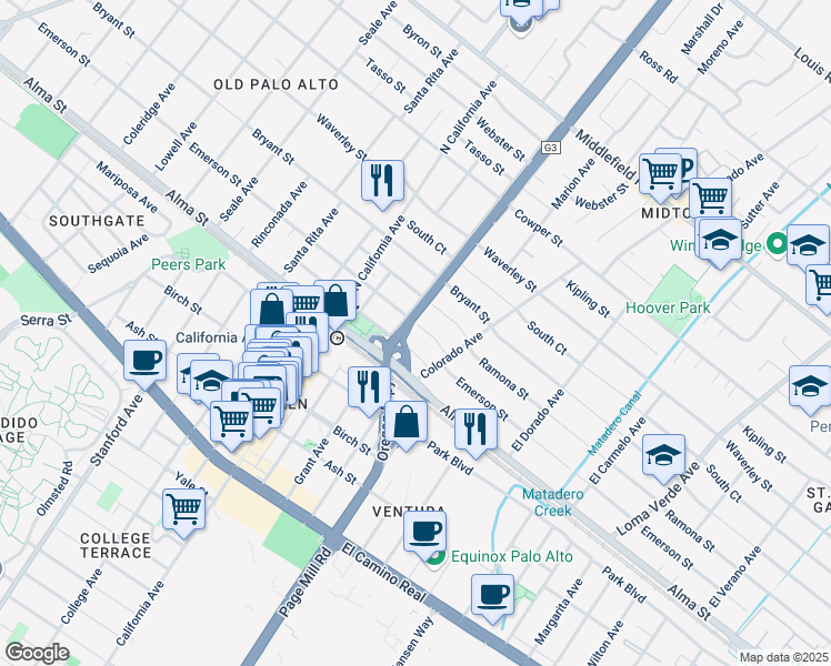 map of restaurants, bars, coffee shops, grocery stores, and more near 2436 Emerson Street in Palo Alto
