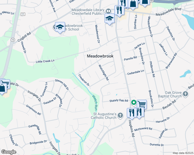 map of restaurants, bars, coffee shops, grocery stores, and more near 6530 Watchspring Court in Richmond