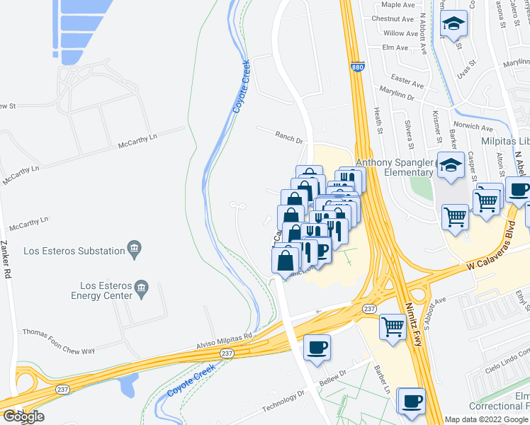 map of restaurants, bars, coffee shops, grocery stores, and more near 115 North McCarthy Boulevard in Milpitas