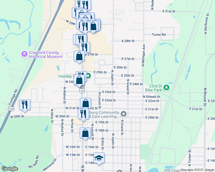 map of restaurants, bars, coffee shops, grocery stores, and more near 310 East 24th Street in Pittsburg
