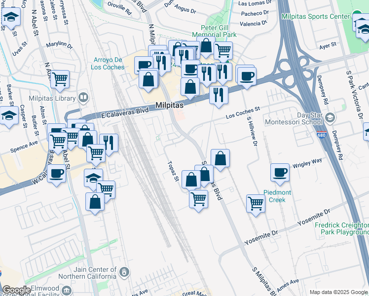 map of restaurants, bars, coffee shops, grocery stores, and more near 340 Los Coches Street in Milpitas