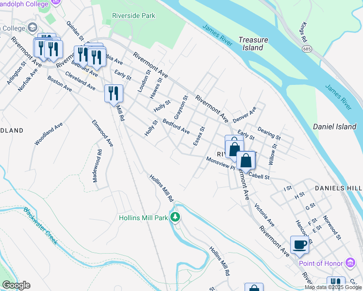 map of restaurants, bars, coffee shops, grocery stores, and more near 524 Fauquier Street in Lynchburg