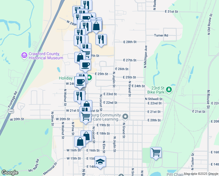 map of restaurants, bars, coffee shops, grocery stores, and more near 310 East 24th Street in Pittsburg