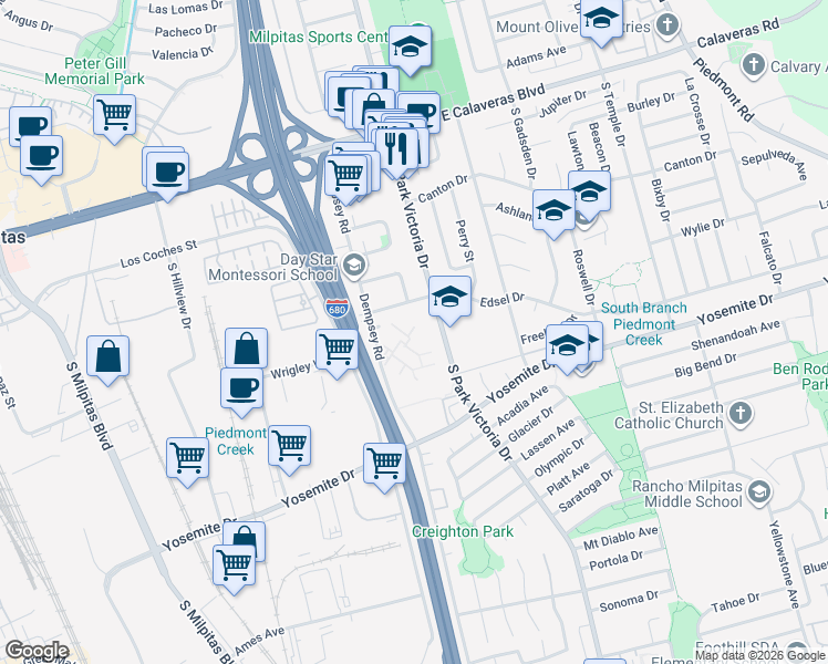 map of restaurants, bars, coffee shops, grocery stores, and more near 468 Dempsey Road in Milpitas