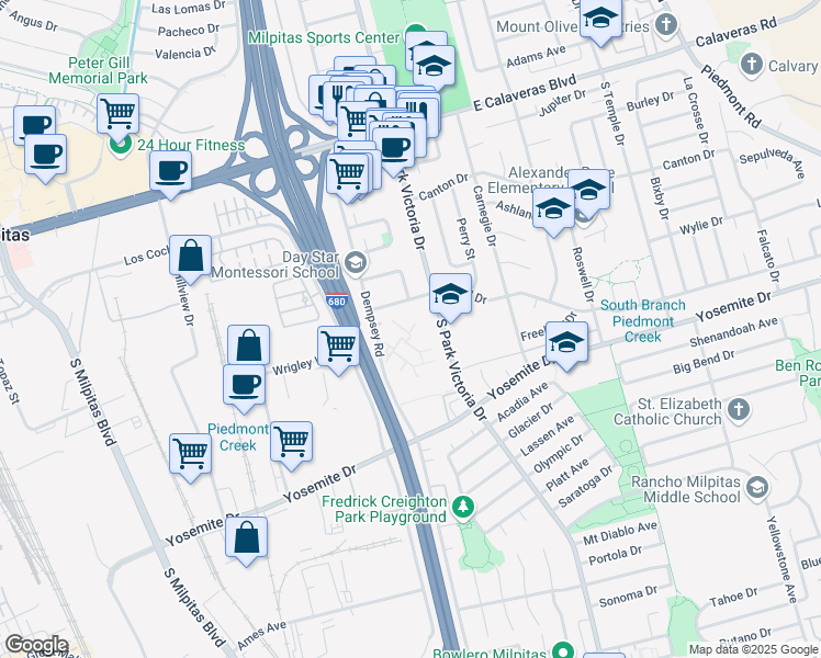 map of restaurants, bars, coffee shops, grocery stores, and more near 468 Dempsey Road in Milpitas