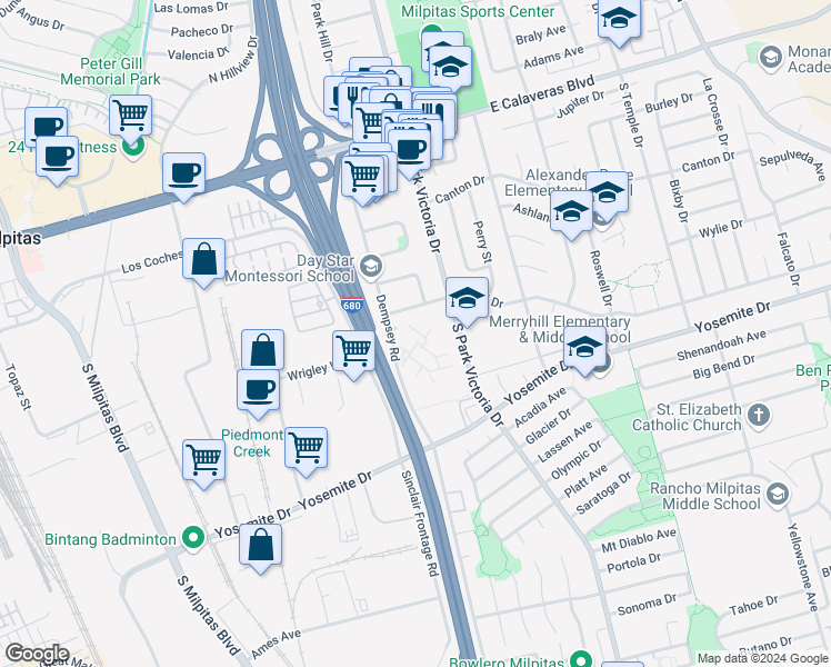 map of restaurants, bars, coffee shops, grocery stores, and more near 468 Dempsey Road in Milpitas