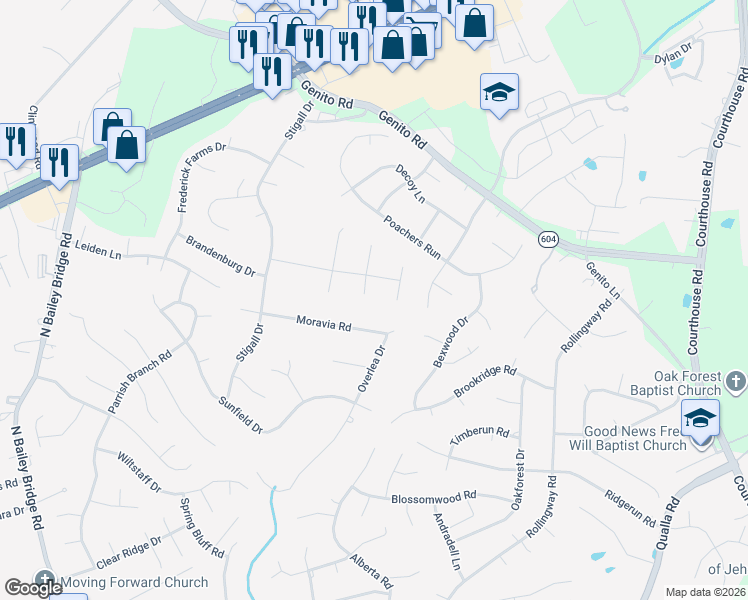 map of restaurants, bars, coffee shops, grocery stores, and more near 4510 Heidi Terrace in Midlothian
