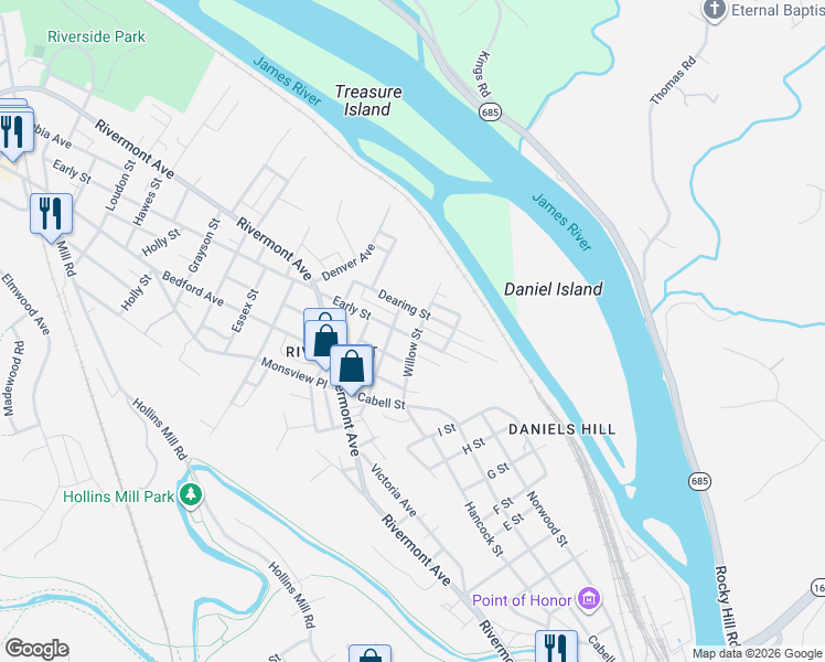 map of restaurants, bars, coffee shops, grocery stores, and more near 209 Willow Street in Lynchburg