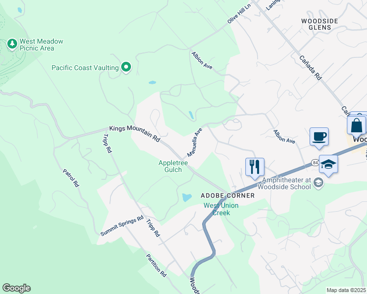 map of restaurants, bars, coffee shops, grocery stores, and more near 258 Kings Mountain Road in Woodside