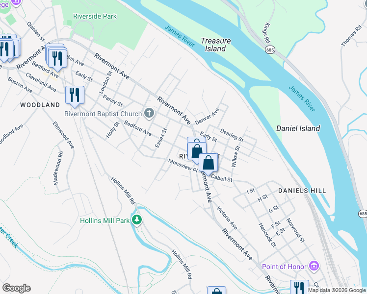 map of restaurants, bars, coffee shops, grocery stores, and more near 1334 Bedford Avenue in Lynchburg