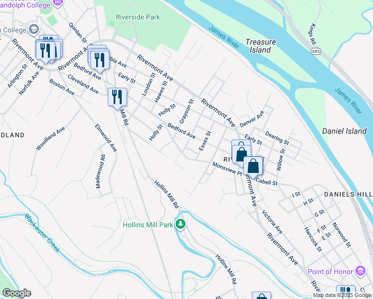 map of restaurants, bars, coffee shops, grocery stores, and more near 524 Fauquier Street in Lynchburg