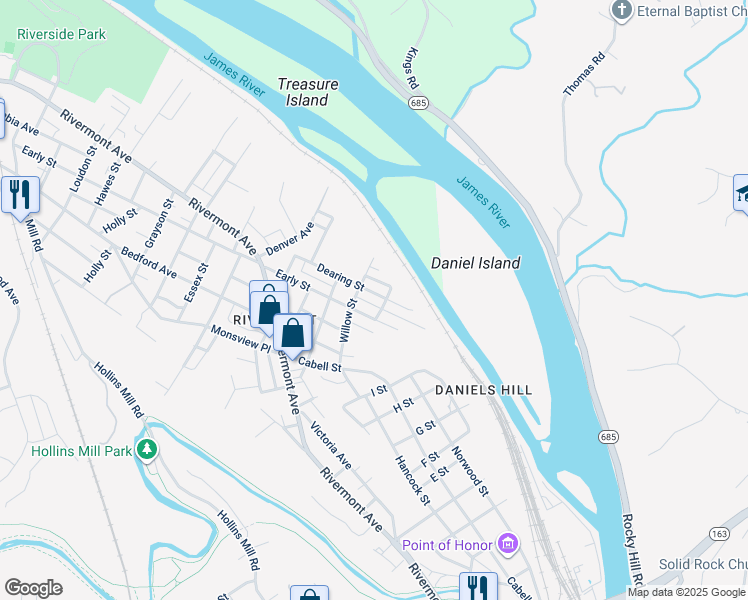 map of restaurants, bars, coffee shops, grocery stores, and more near 905 Dearing St in Lynchburg