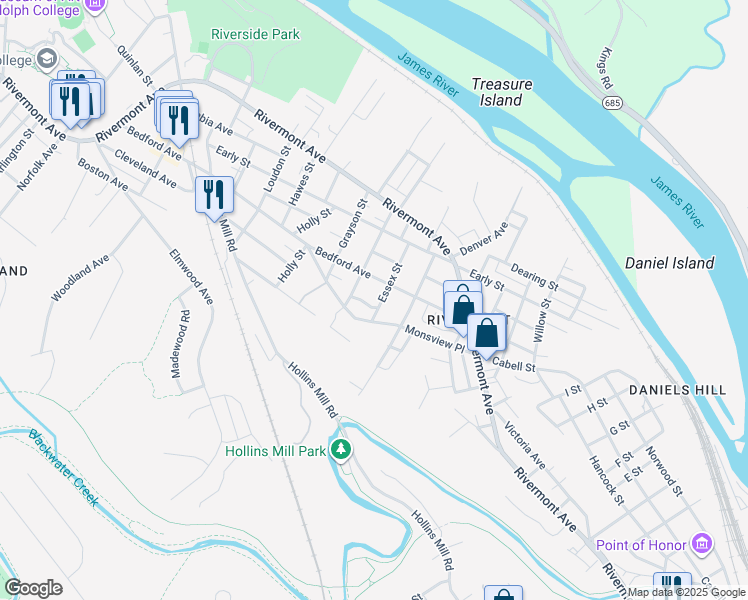 map of restaurants, bars, coffee shops, grocery stores, and more near 515 Essex Street in Lynchburg