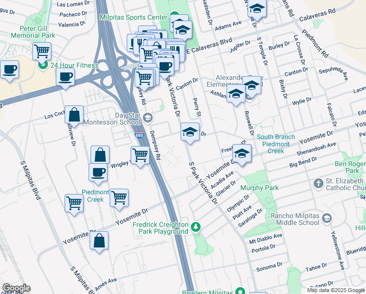 map of restaurants, bars, coffee shops, grocery stores, and more near 409 South Park Victoria Drive in Milpitas