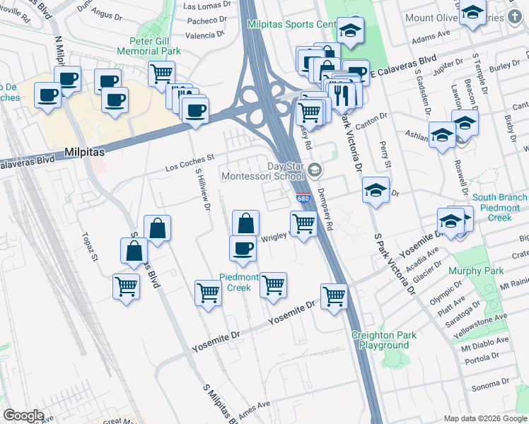 map of restaurants, bars, coffee shops, grocery stores, and more near 320 Gerald Circle in Milpitas