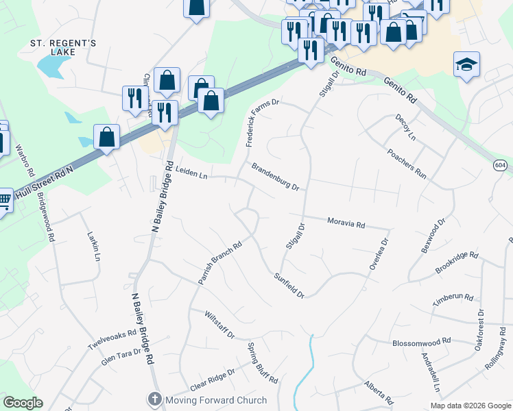 map of restaurants, bars, coffee shops, grocery stores, and more near 4423 Ansbauch Drive in Midlothian