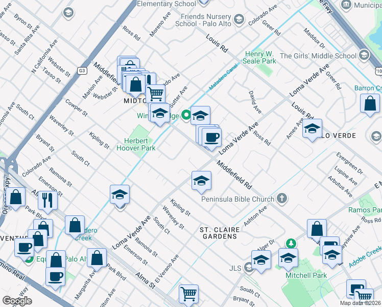 map of restaurants, bars, coffee shops, grocery stores, and more near 3102 Flowers Lane in Palo Alto