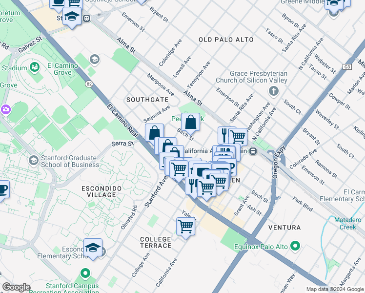 map of restaurants, bars, coffee shops, grocery stores, and more near 352 Stanford Avenue in Palo Alto