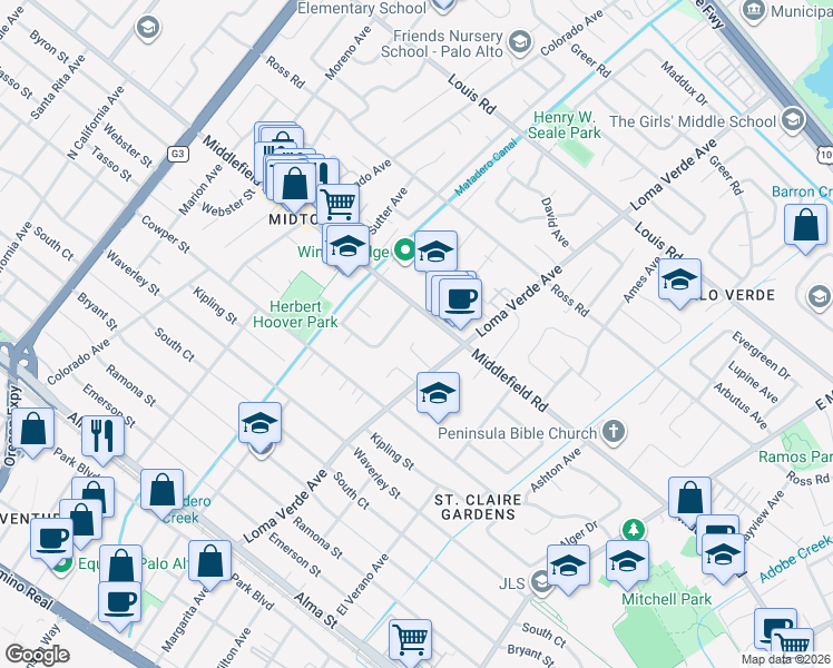 map of restaurants, bars, coffee shops, grocery stores, and more near 3102 Flowers Lane in Palo Alto