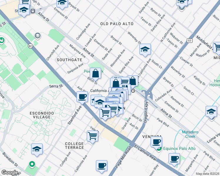 map of restaurants, bars, coffee shops, grocery stores, and more near 260 College Avenue in Palo Alto