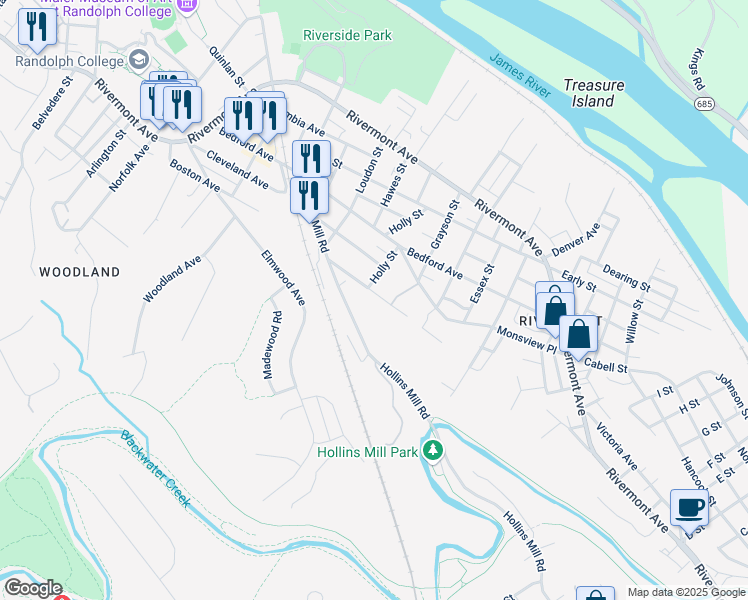 map of restaurants, bars, coffee shops, grocery stores, and more near 1805 Boston Avenue in Lynchburg