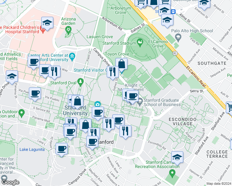 map of restaurants, bars, coffee shops, grocery stores, and more near 355 Galvez Street in Stanford