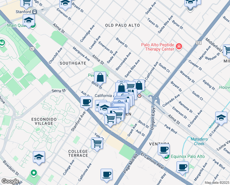 map of restaurants, bars, coffee shops, grocery stores, and more near 254 College Avenue in Palo Alto