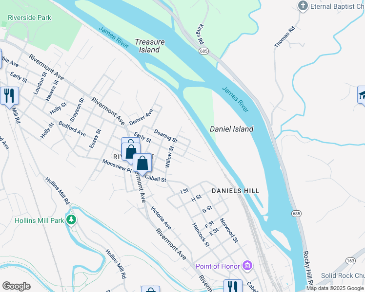map of restaurants, bars, coffee shops, grocery stores, and more near 905 Dearing St in Lynchburg