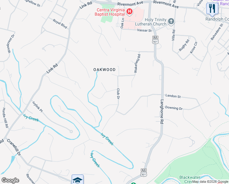 map of restaurants, bars, coffee shops, grocery stores, and more near 1444-1484 Club Drive in Lynchburg
