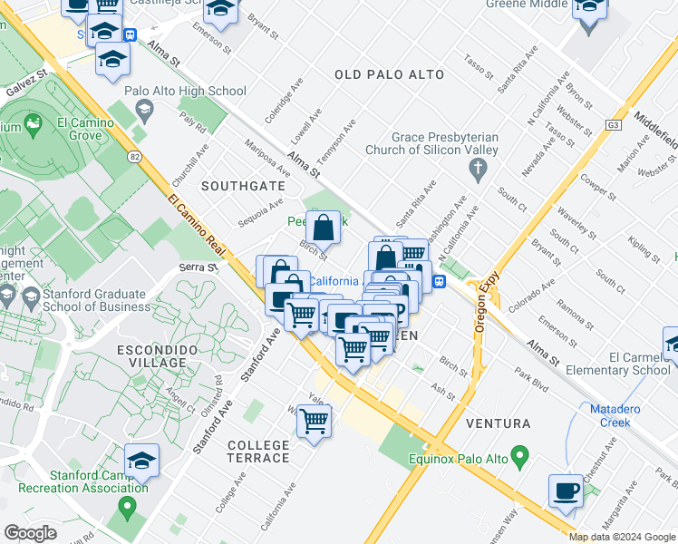 map of restaurants, bars, coffee shops, grocery stores, and more near 304 Oxford Avenue in Palo Alto