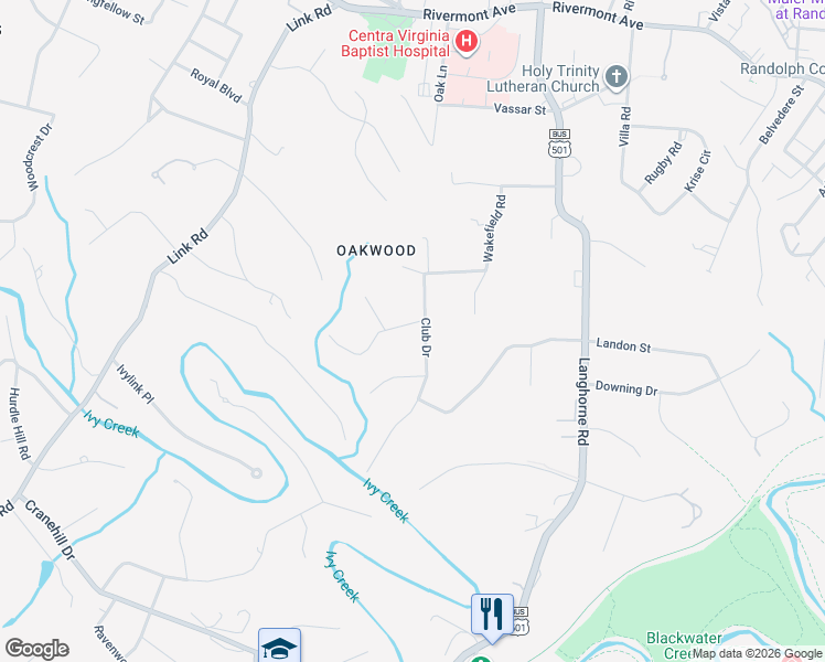 map of restaurants, bars, coffee shops, grocery stores, and more near 1444-1484 Club Drive in Lynchburg